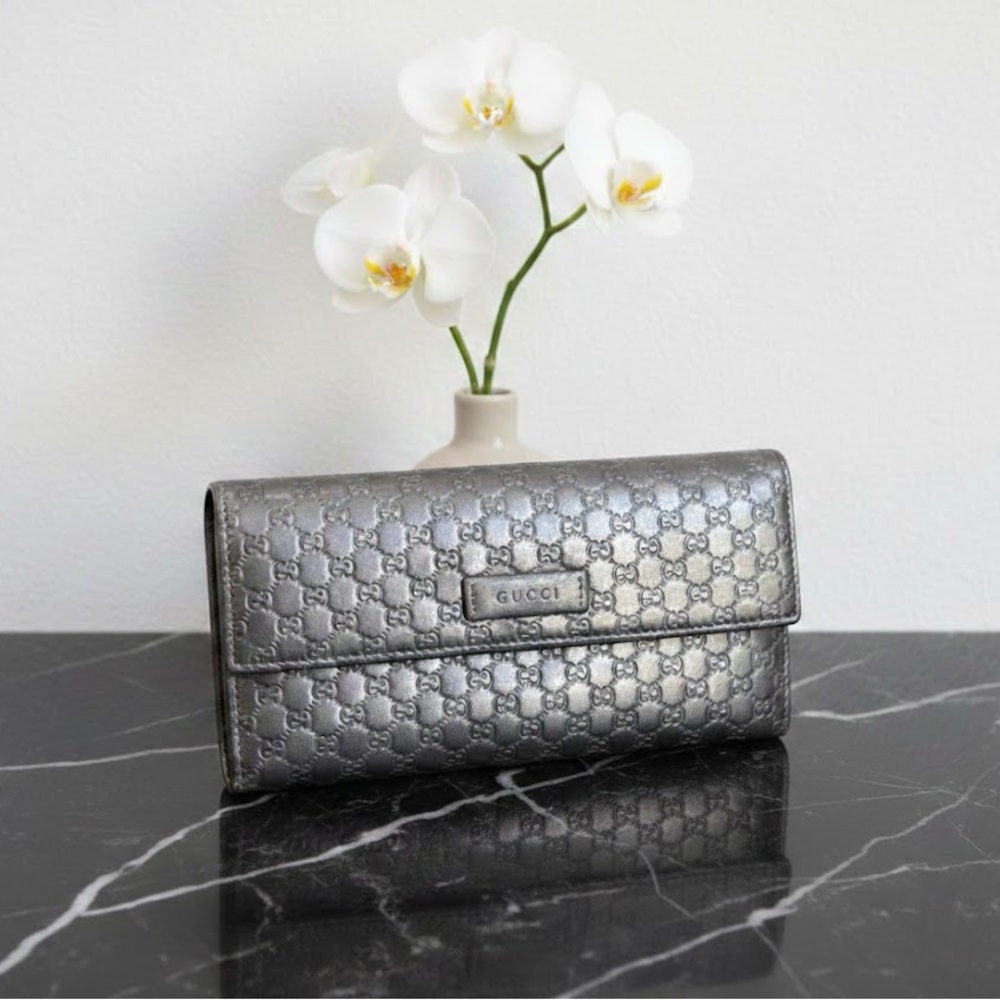 Gucci Micro GG Guccissima Metallic Black Continental Wallet COA